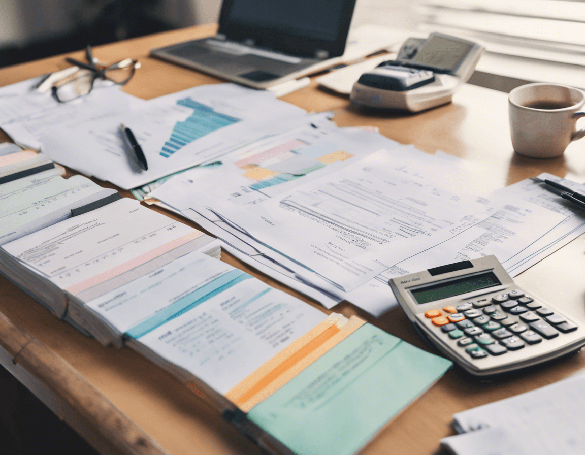A calculator sitting next to a pile of documents