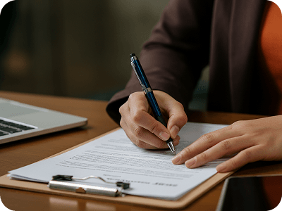A person holding a pen writing on a document