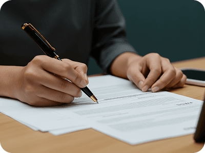 A person's hands holding a black and gold pen, signing or filling out a document on a wooden desk with other papers.